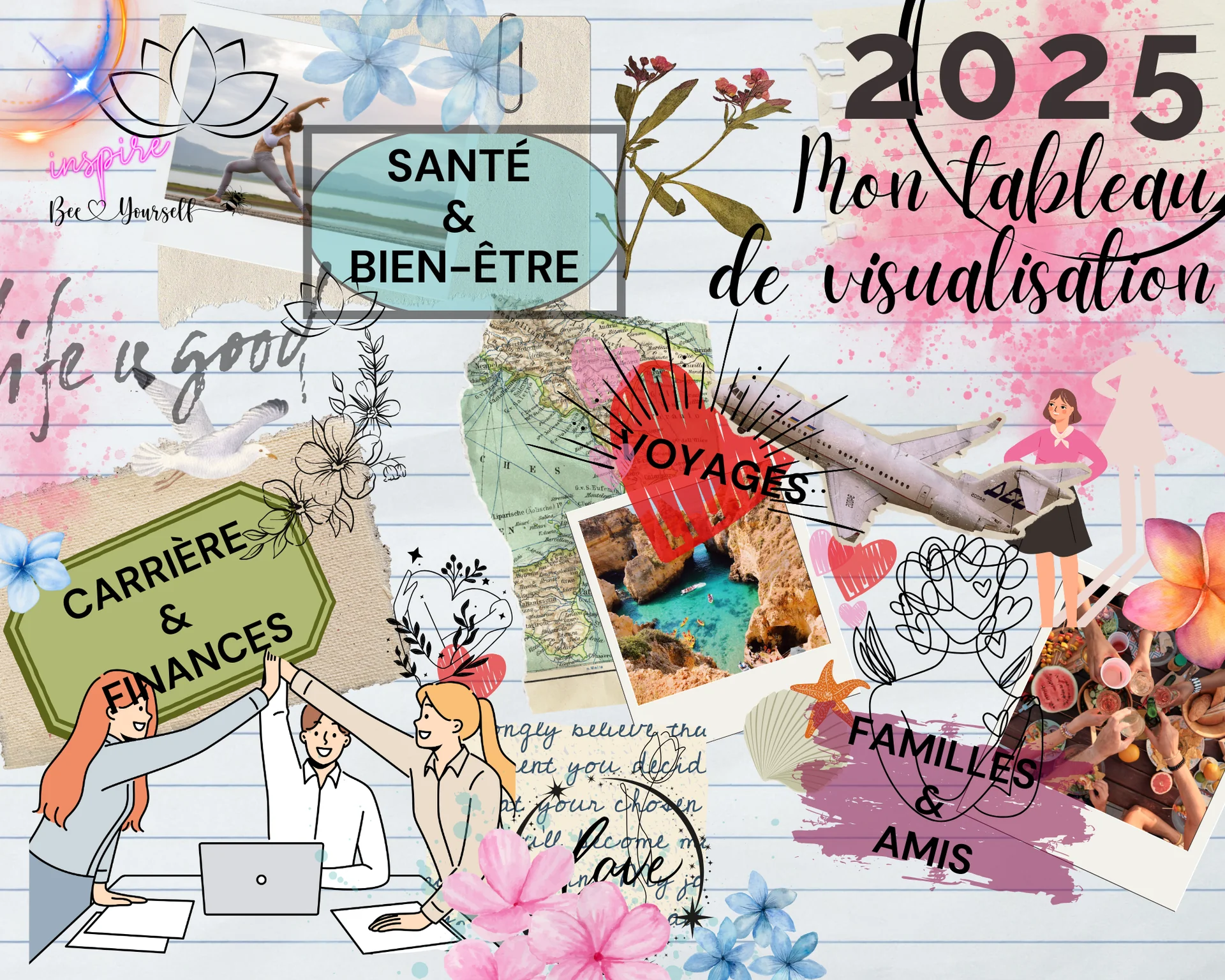 Affiche d'un atelier organisé par Huna. Atelier thématique Présence et Création. Vendredi 18 avril de 20h à 23h. Atelier visuel. Vision Board. Institut Pure Beauté